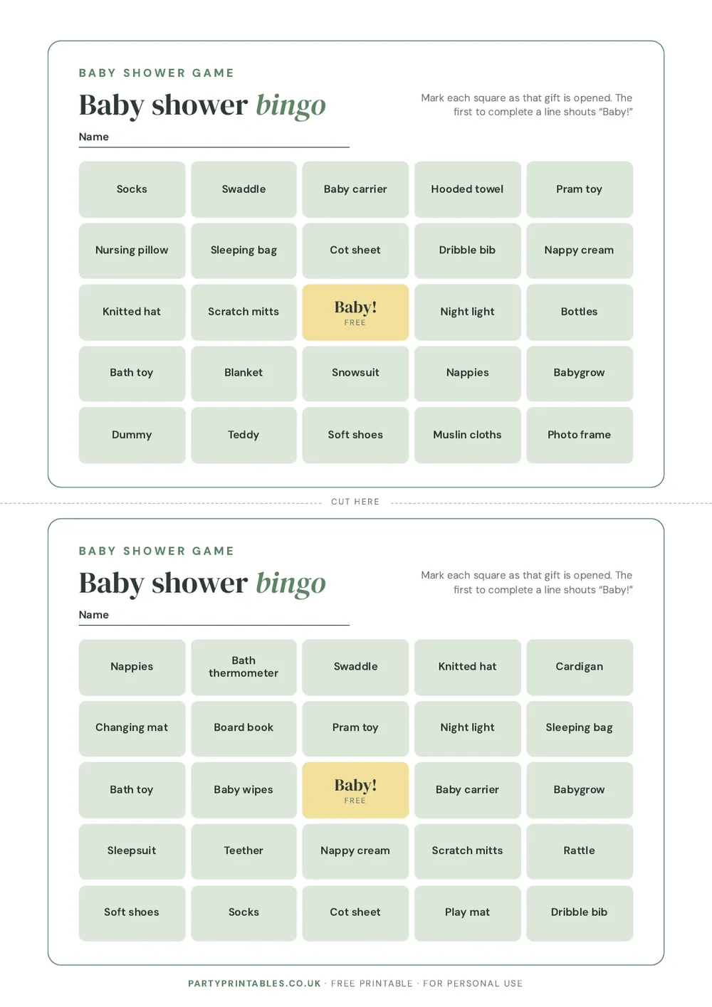 Page 1 of the Baby shower gift bingo printable