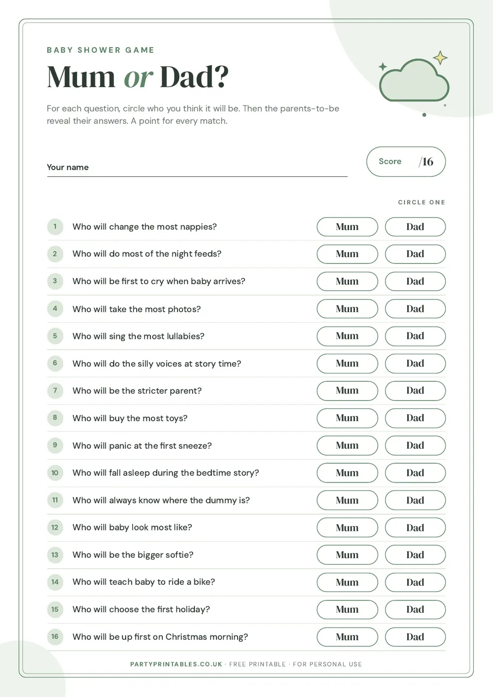 Page 1 of the Mum or Dad? Baby shower game printable