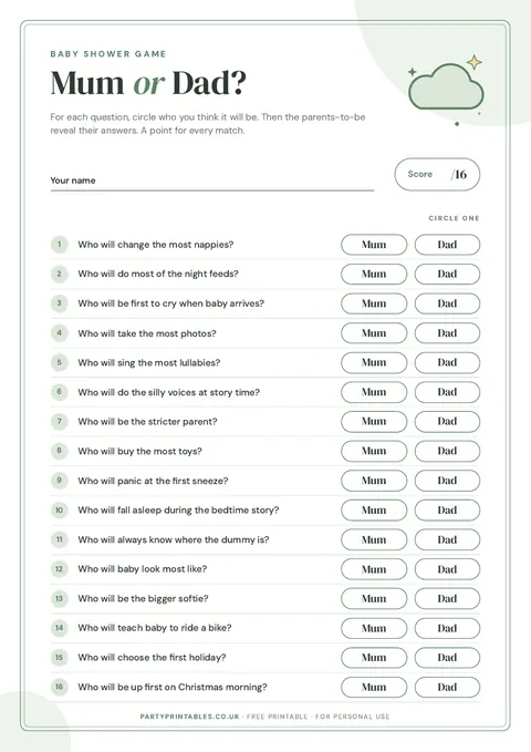 Preview of the Mum or Dad? Baby shower game printable