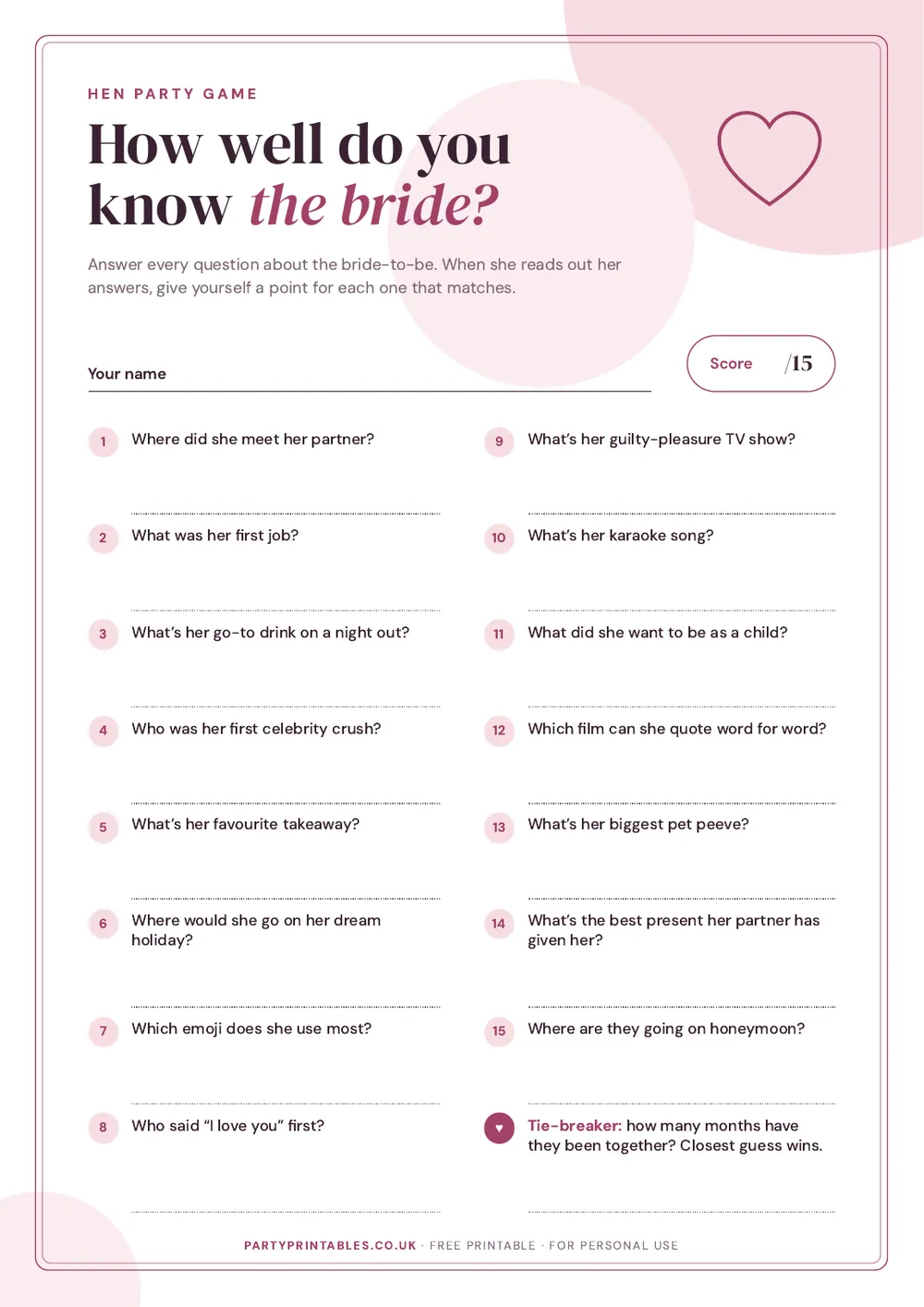 Page 1 of the How well do you know the bride? printable